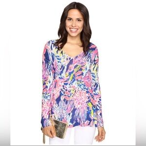 Lilly Pulitzer 100% Linen Liesel Sweater Indigo Sunken Treasure V Neck-‎ Medium